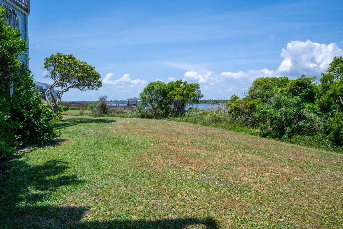A wide expanse of lush green grass dominates the foreground, with a tree on the left and a distant water view visible under a blue sky dotted with clouds. The space invites picnics, outdoor games, and peaceful moments in nature.